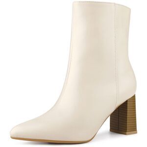 Pointed Toe Boots Block High Beige Heels Ankle Booties